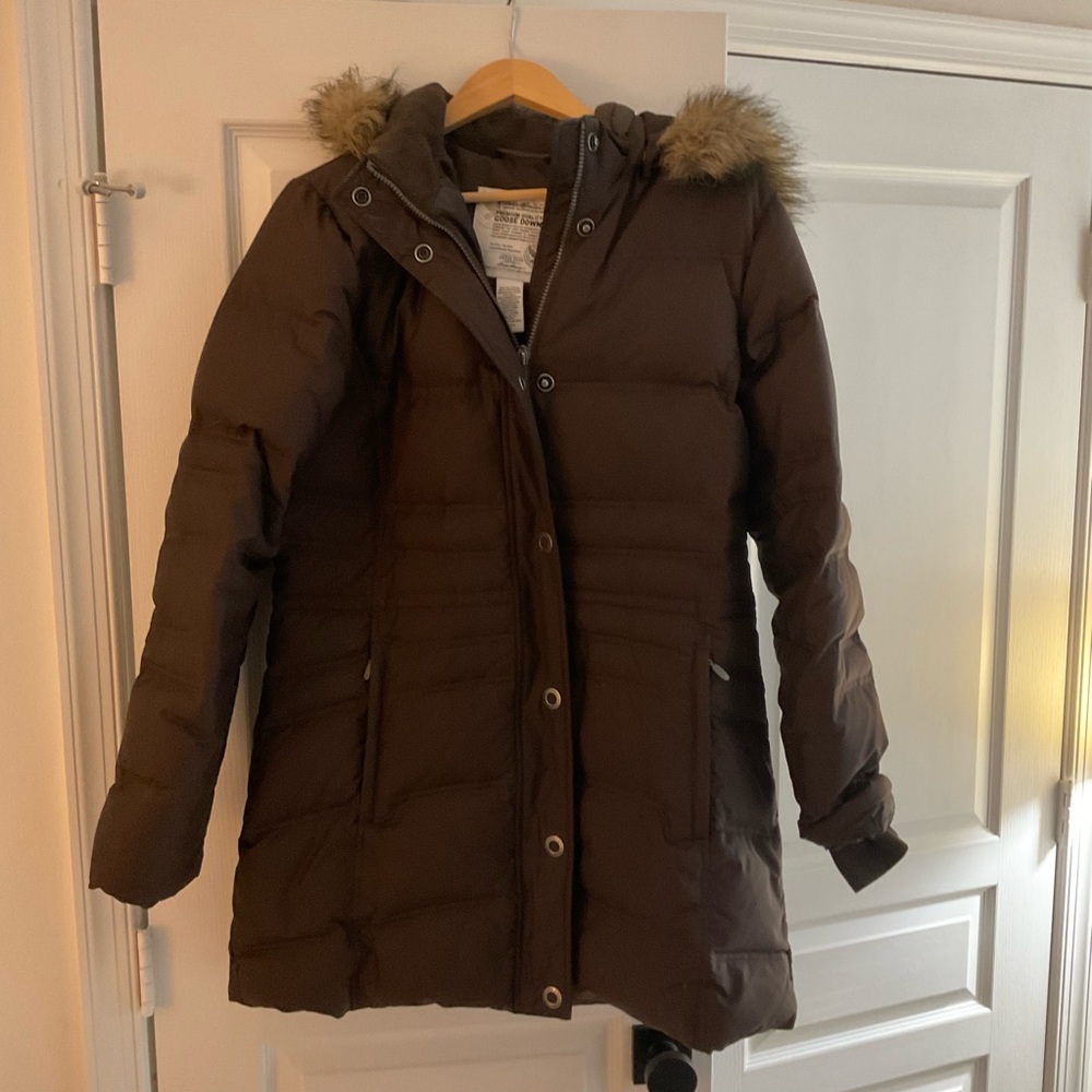 Eddie Bauer Women's Dark Brown Puffer Jacket with Faux Fur Hood